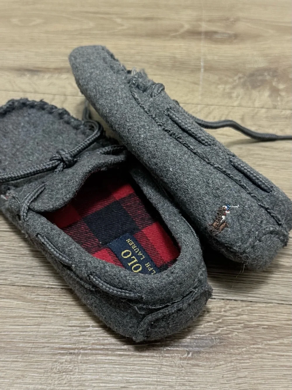 Polo by Ralph Lauren Kids Gray Moccasin Slippers with Red Lining
